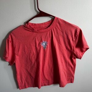 Crown & Ivy Coral Crop Top with Blue Embroidery